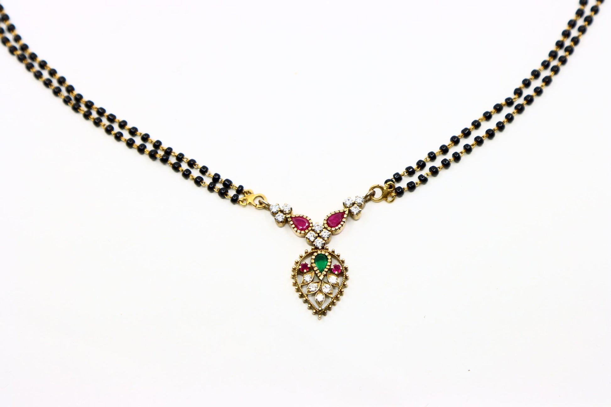 Vintage Indian Gold Diamond Ruby Emerald Onyx Beads Necklace