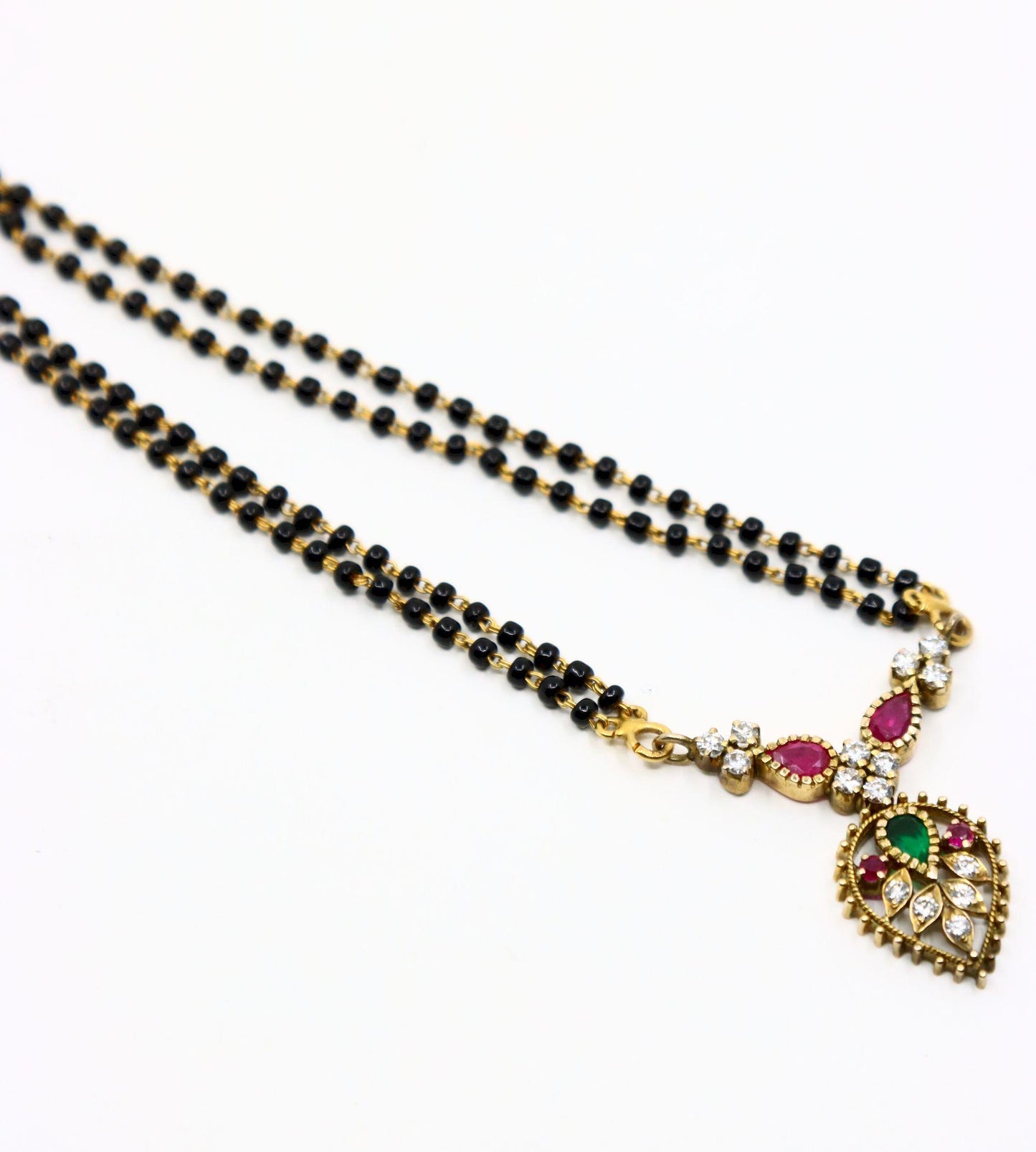 Vintage Indian Gold Diamond Ruby Emerald Onyx Beads Necklace