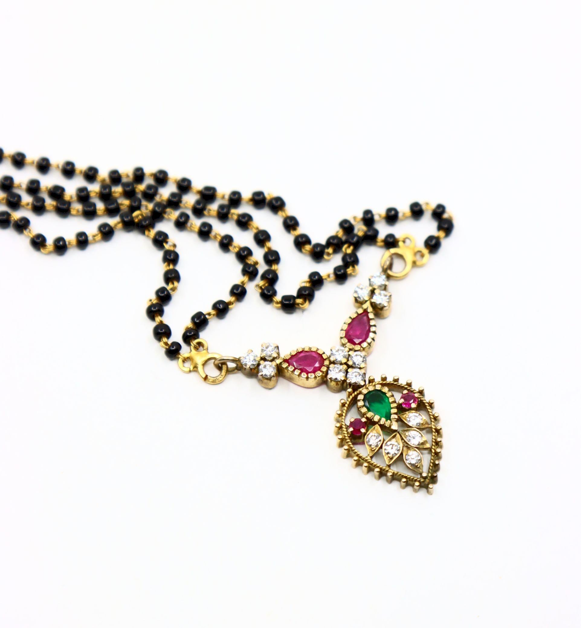 Vintage Indian Gold Diamond Ruby Emerald Onyx Beads Necklace