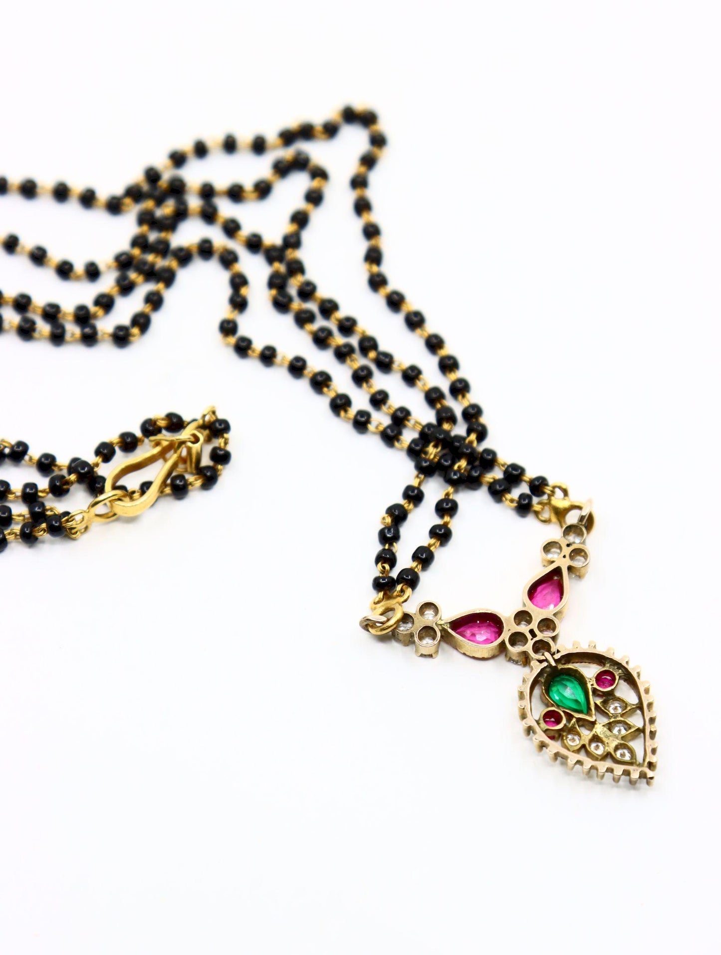 Vintage Indian Gold Diamond Ruby Emerald Onyx Beads Necklace