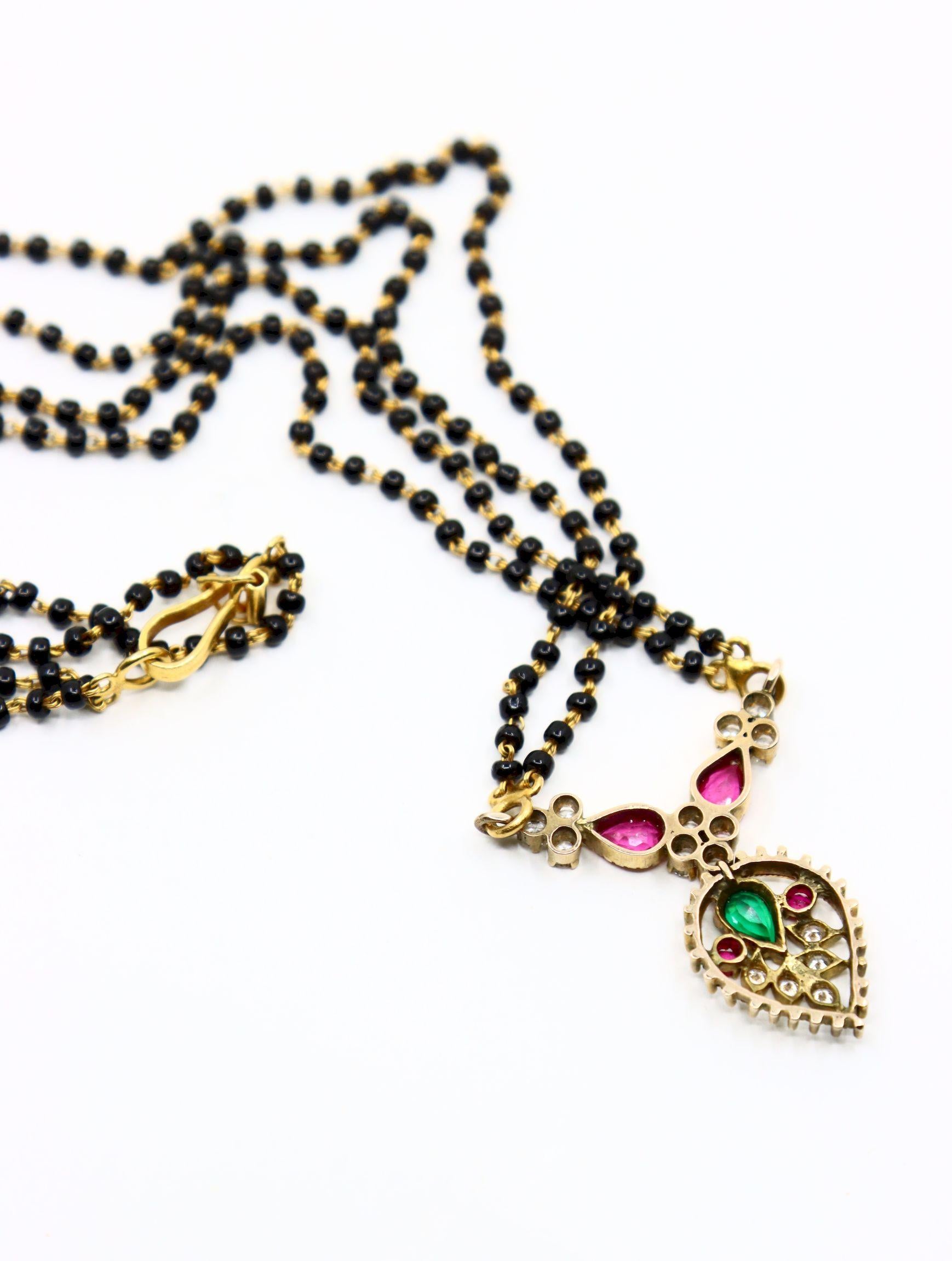 Vintage Indian Gold Diamond Ruby Emerald Onyx Beads Necklace
