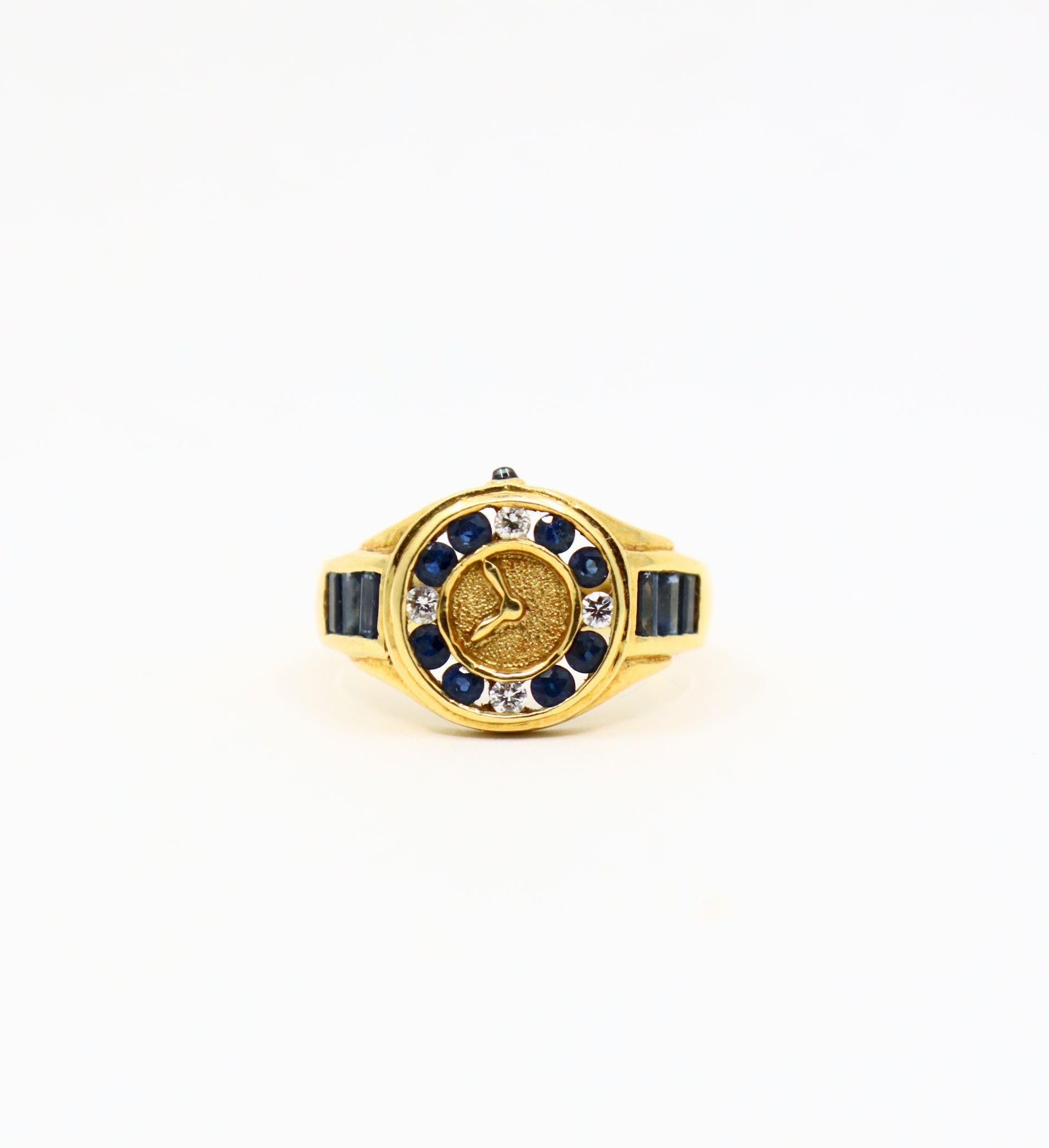 Art Deco 18K Gold Sapphire Diamonds Watch Ring