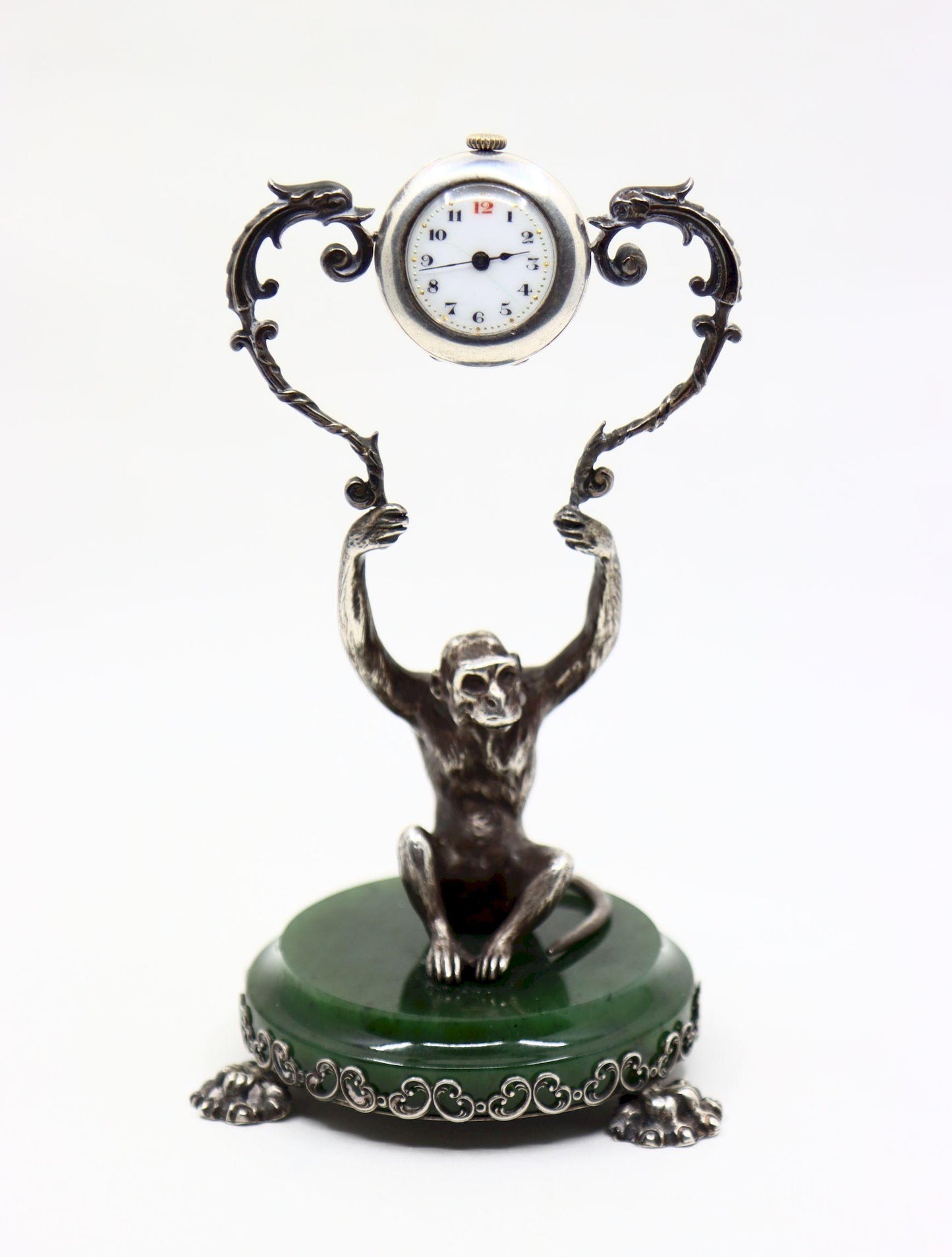 Cartier Sterling Silver Monkey Jade Stand Clock