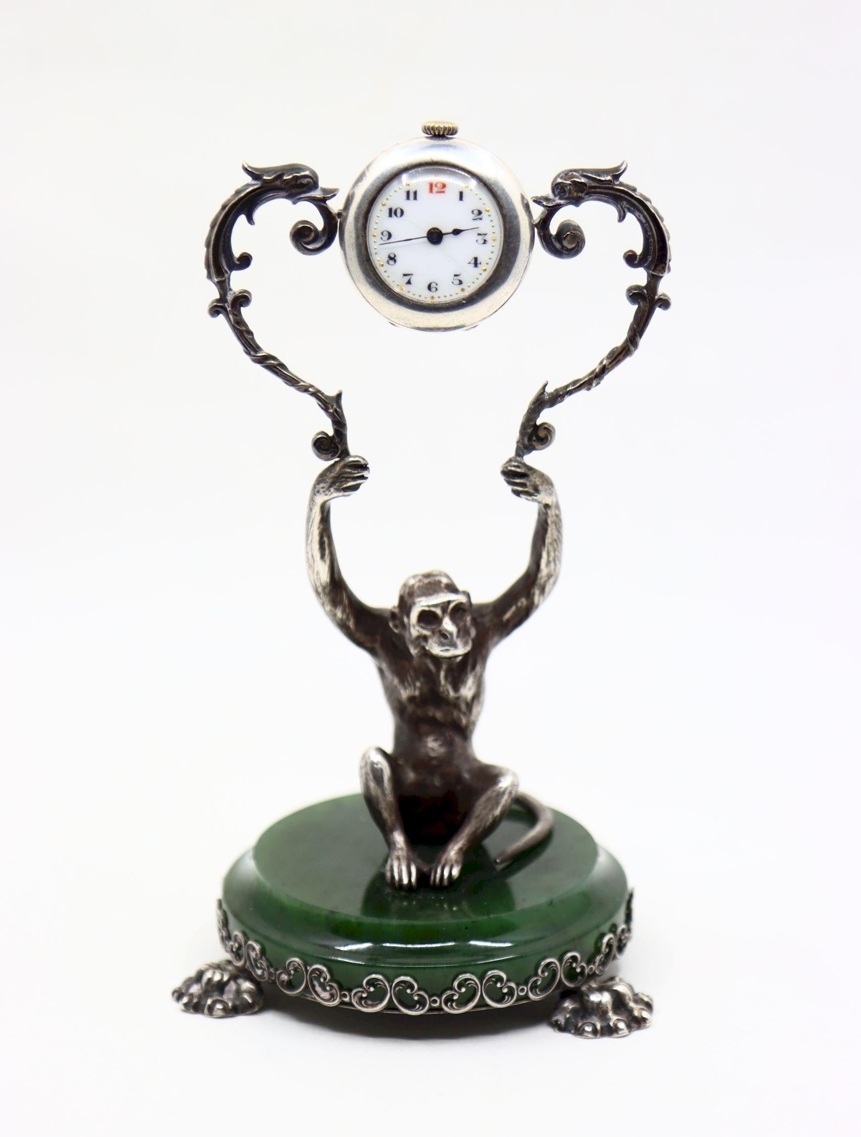 Cartier Sterling Silver Monkey Jade Stand Clock