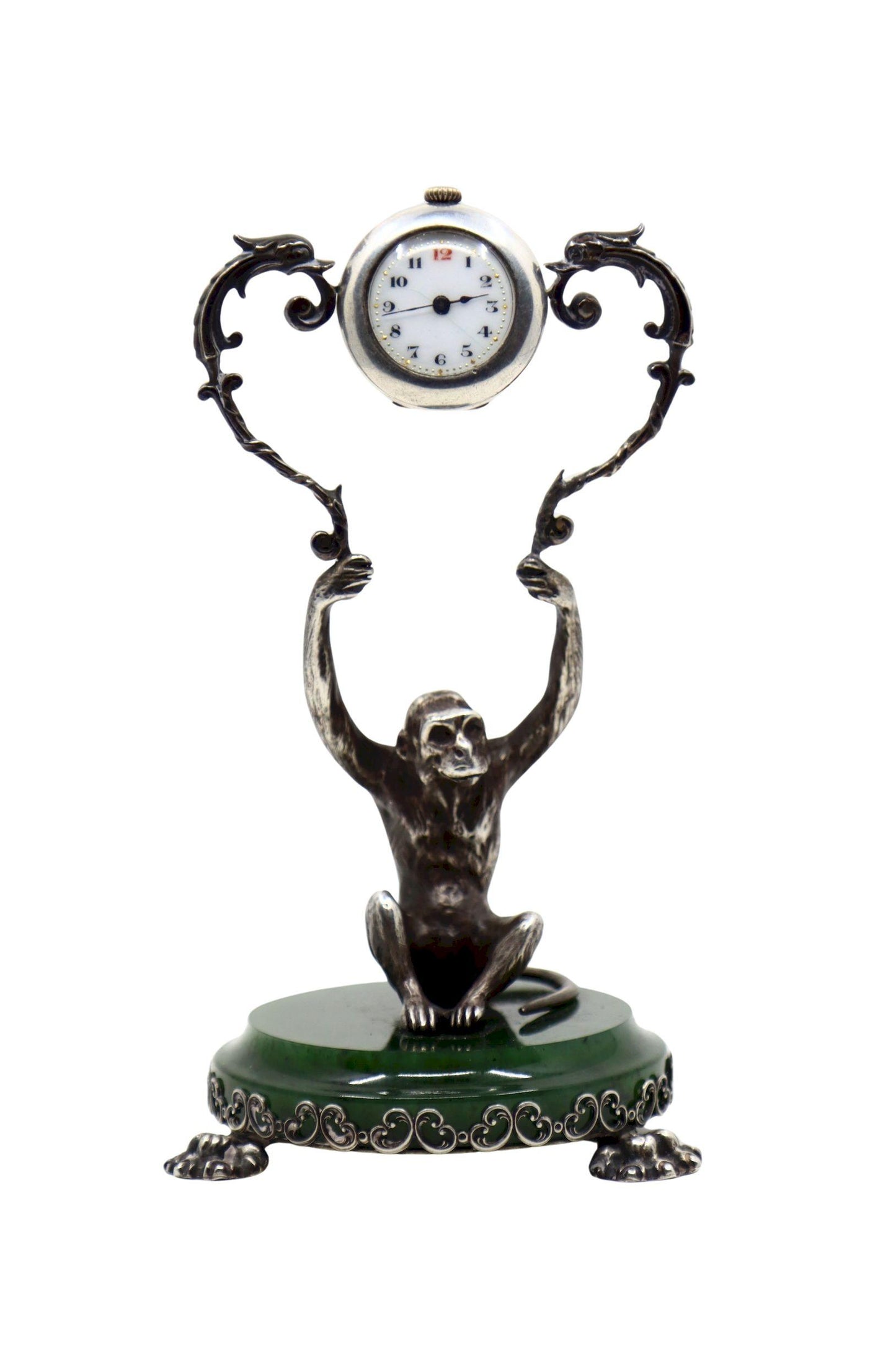 Cartier Sterling Silver Monkey Jade Stand Clock