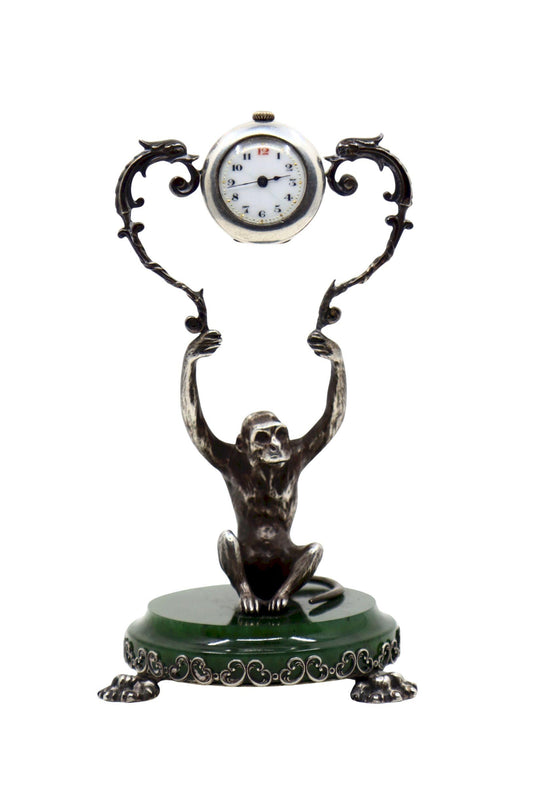 Cartier Sterling Silver Monkey Jade Stand Clock