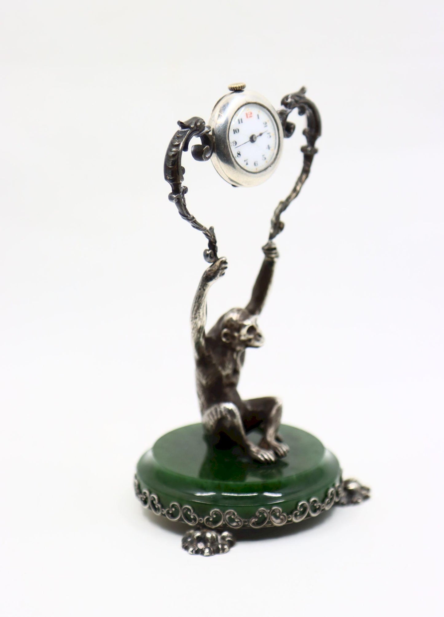 Cartier Sterling Silver Monkey Jade Stand Clock