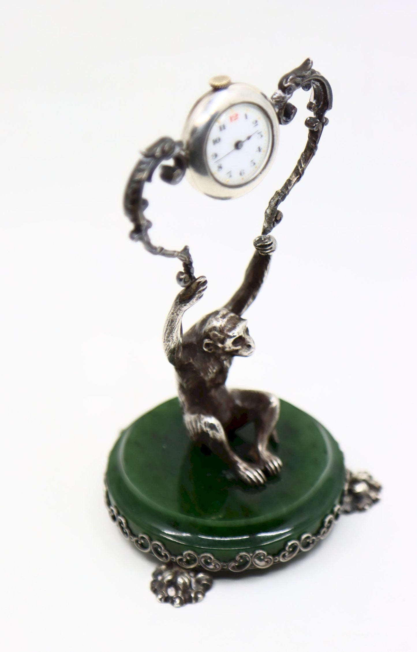 Cartier Sterling Silver Monkey Jade Stand Clock