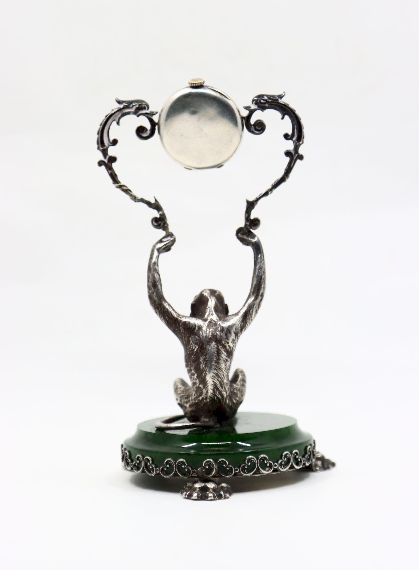 Cartier Sterling Silver Monkey Jade Stand Clock