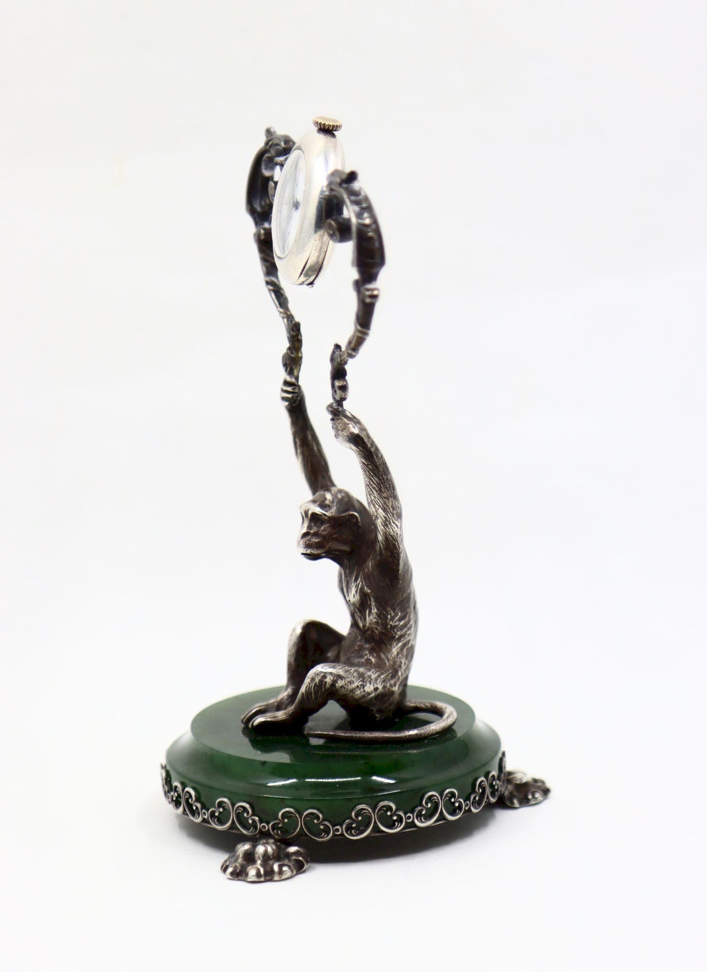 Cartier Sterling Silver Monkey Jade Stand Clock
