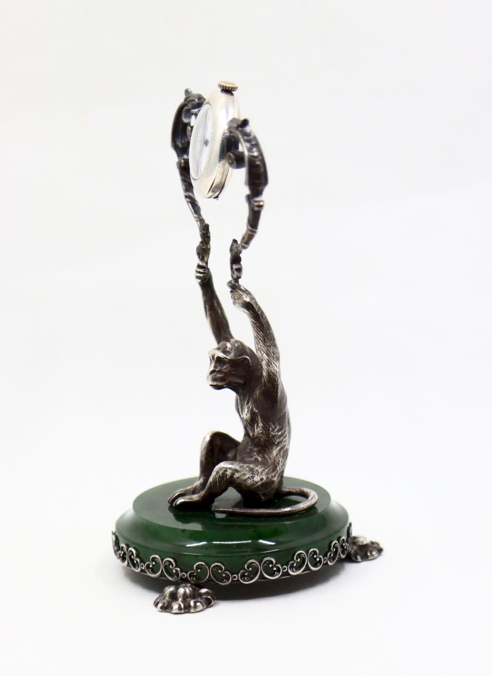 Cartier Sterling Silver Monkey Jade Stand Clock