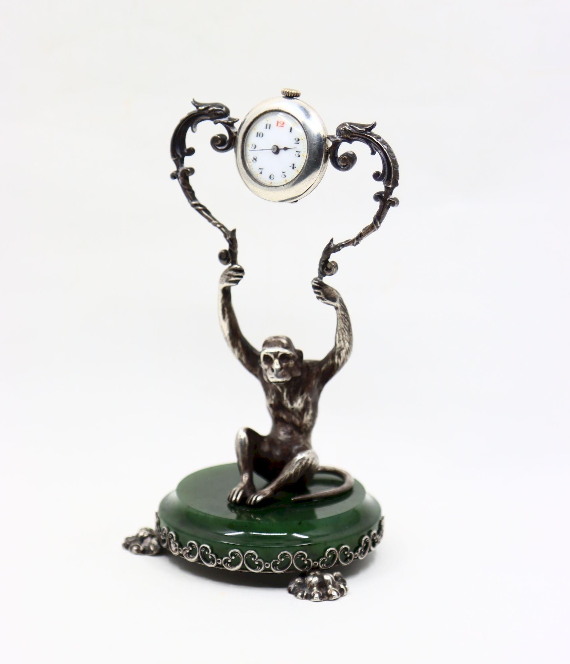 Cartier Sterling Silver Monkey Jade Stand Clock