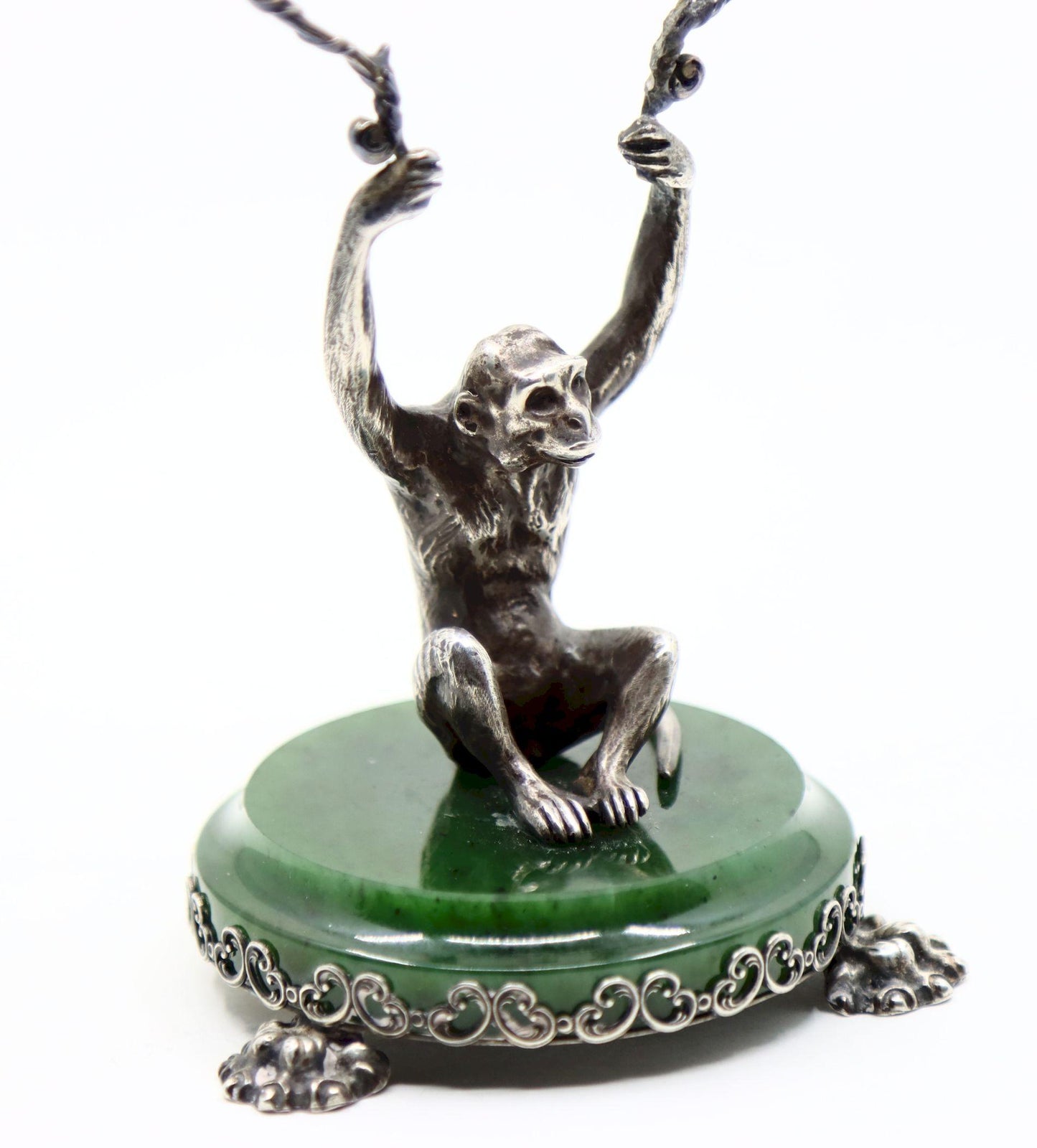 Cartier Sterling Silver Monkey Jade Stand Clock