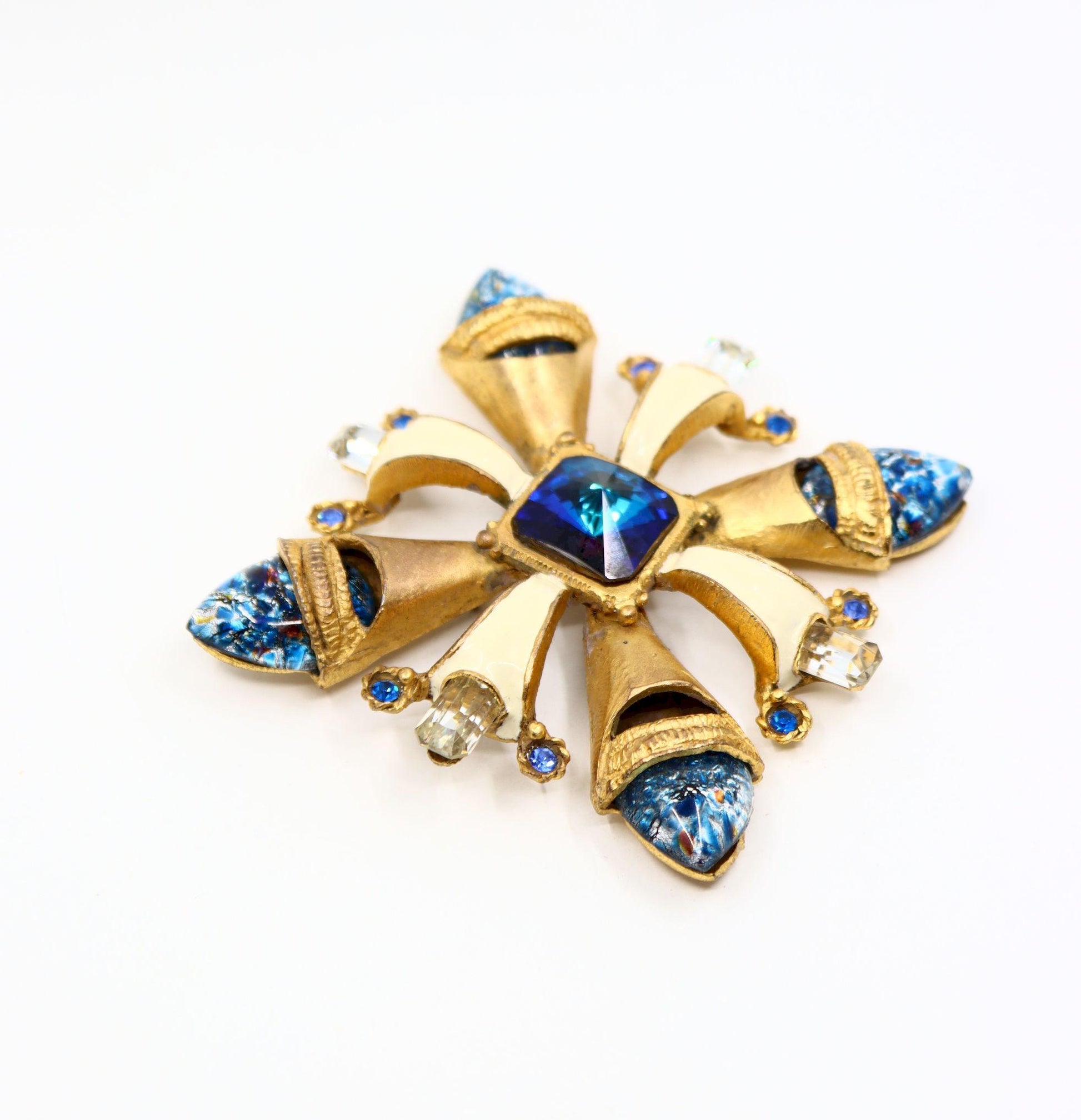 Vintage Scherrer Paris Gold Tone Enamel Crystal Brooch