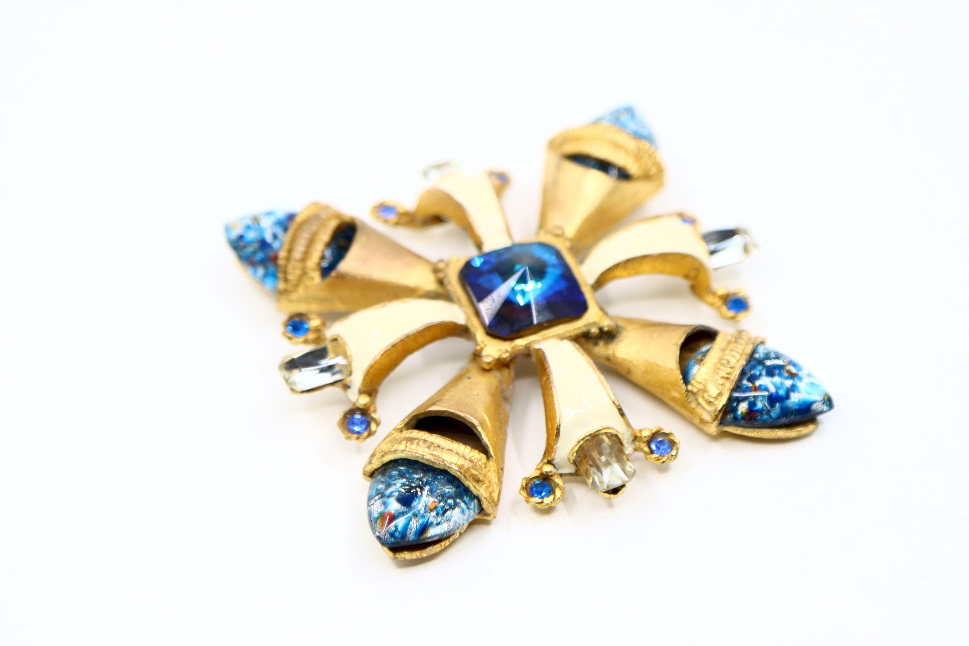 Vintage Scherrer Paris Gold Tone Enamel Crystal Brooch