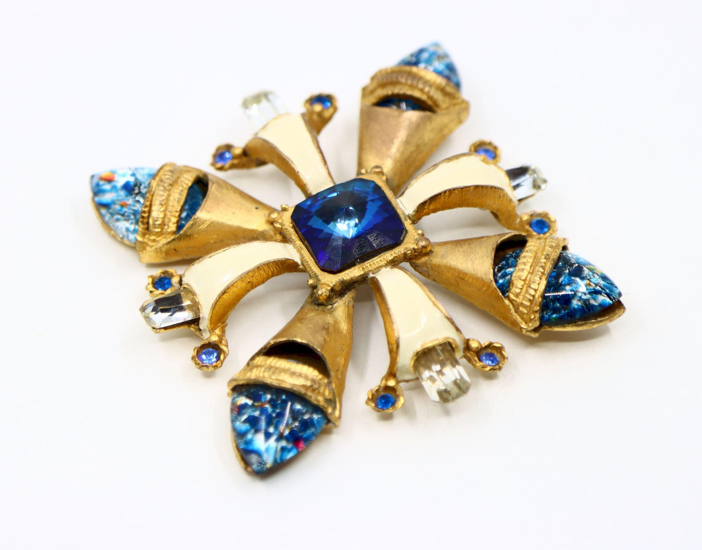 Vintage Scherrer Paris Gold Tone Enamel Crystal Brooch