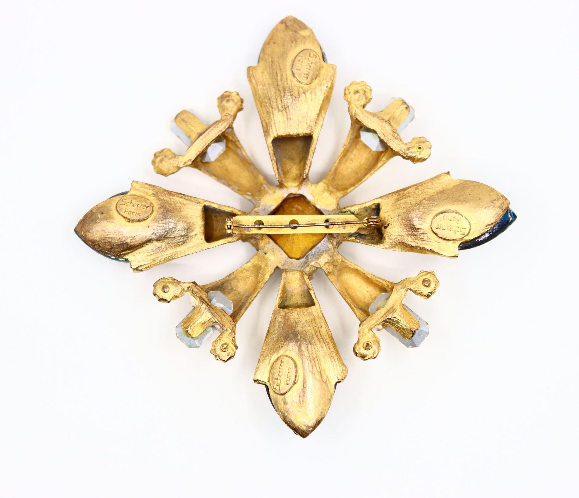 Vintage Scherrer Paris Gold Tone Enamel Crystal Brooch