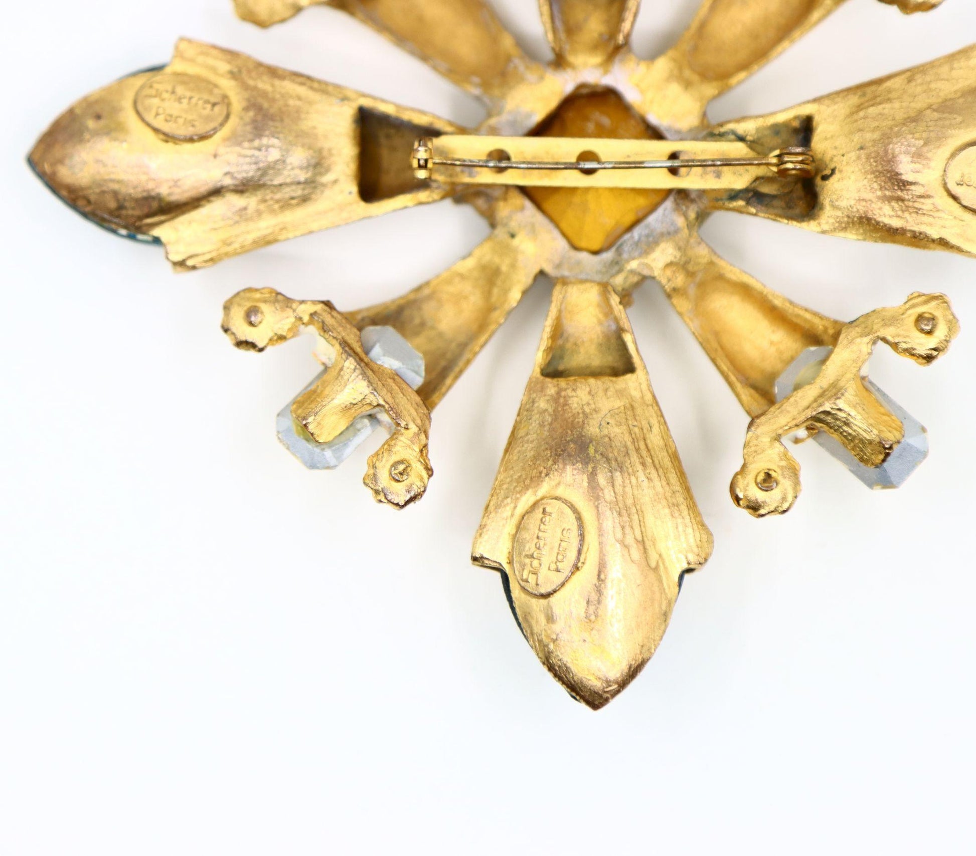 Vintage Scherrer Paris Gold Tone Enamel Crystal Brooch