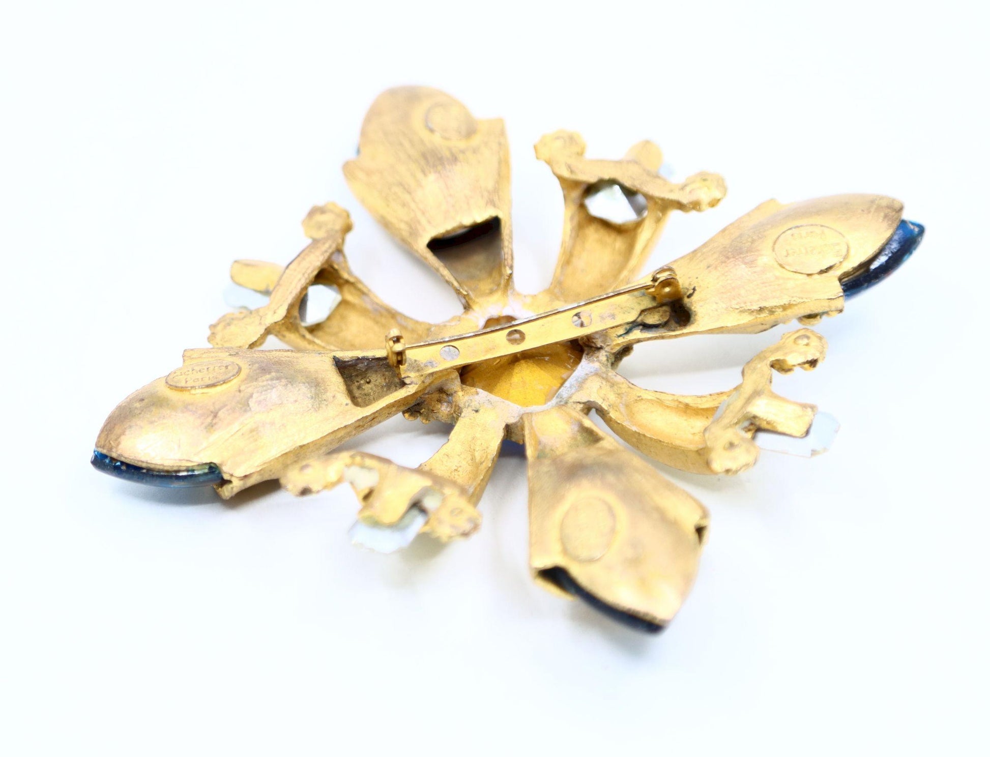 Vintage Scherrer Paris Gold Tone Enamel Crystal Brooch