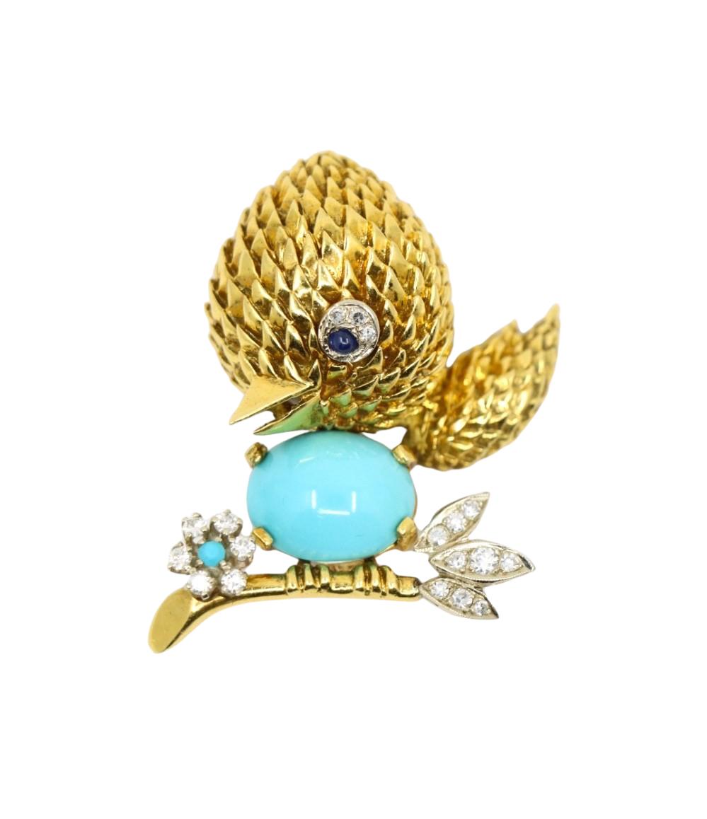 18K Gold Turquoise Diamond Robin Brooch Pin