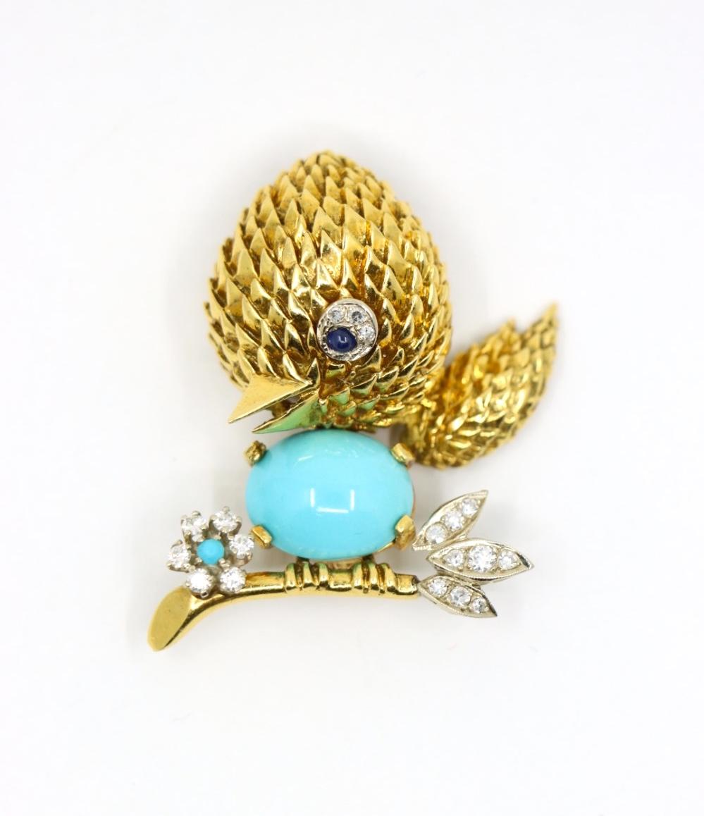 18K Gold Turquoise Diamond Robin Brooch Pin