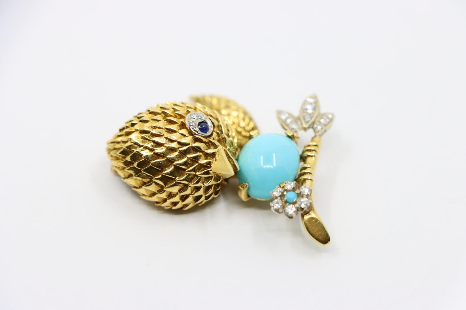 18K Gold Turquoise Diamond Robin Brooch Pin