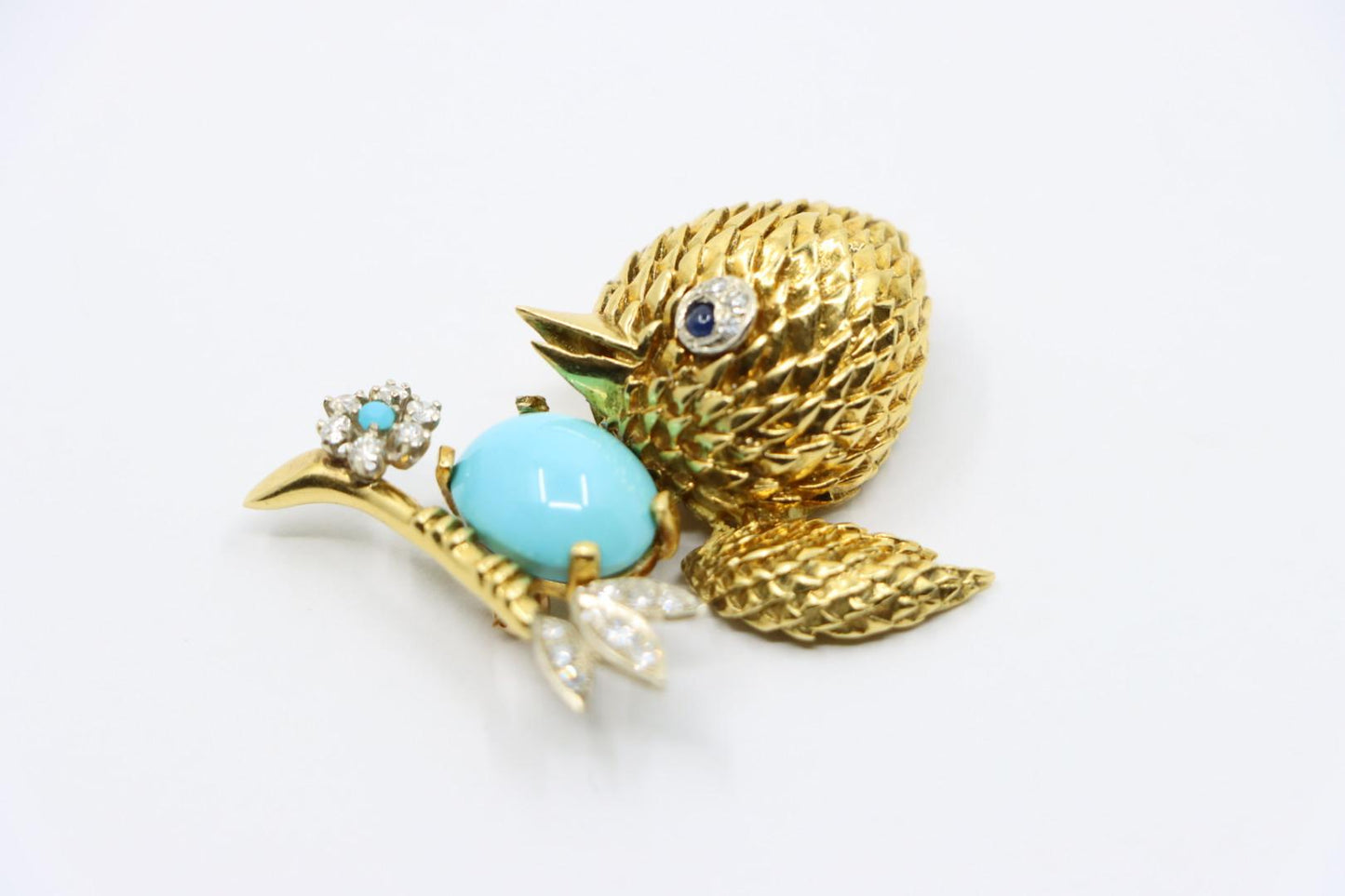 18K Gold Turquoise Diamond Robin Brooch Pin