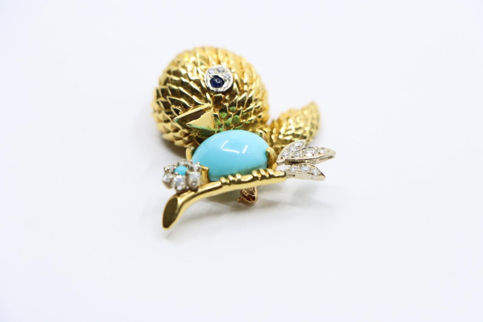 18K Gold Turquoise Diamond Robin Brooch Pin