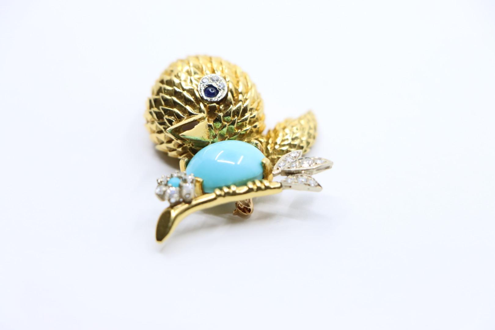 18K Gold Turquoise Diamond Robin Brooch Pin