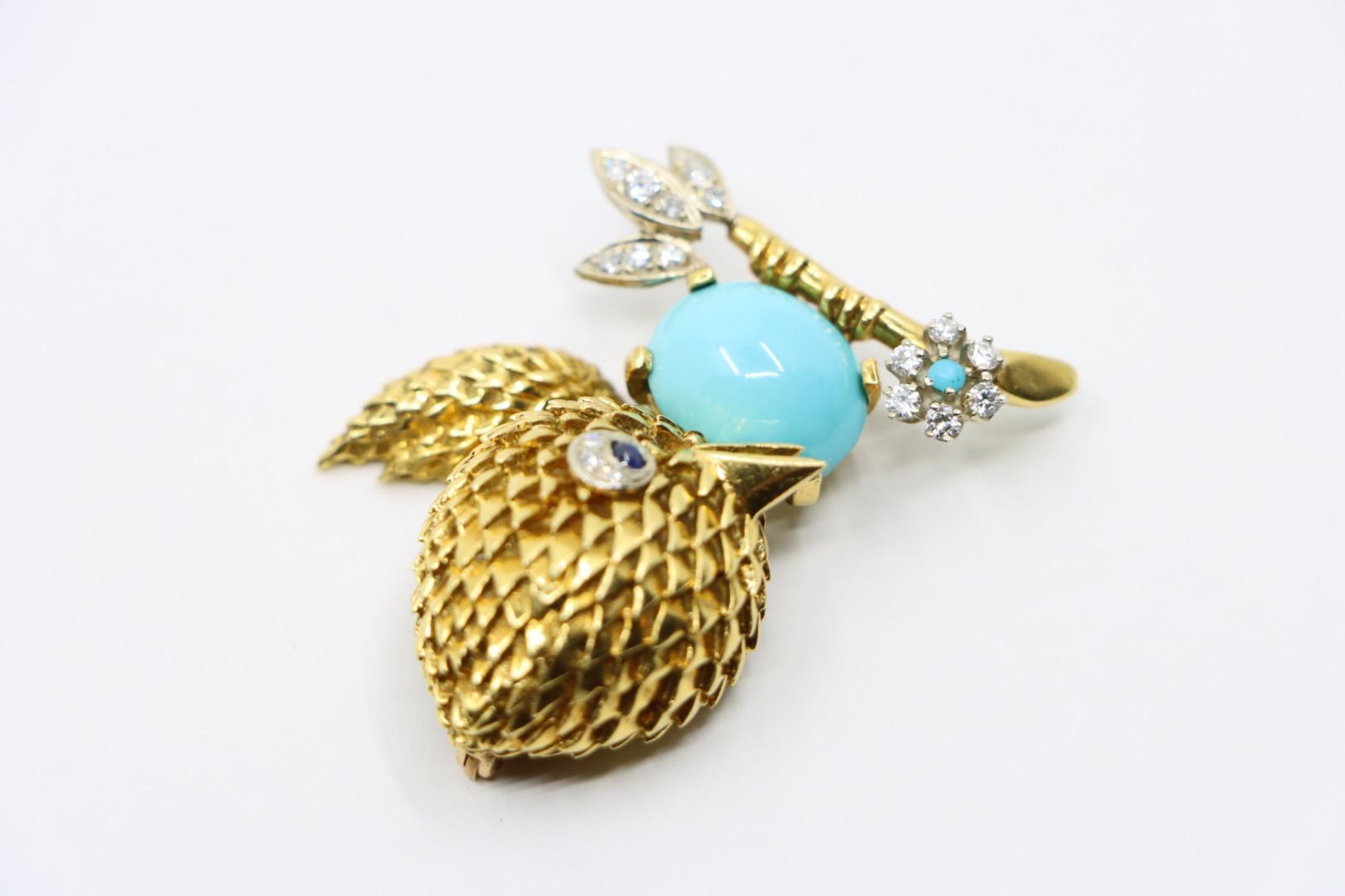 18K Gold Turquoise Diamond Robin Brooch Pin