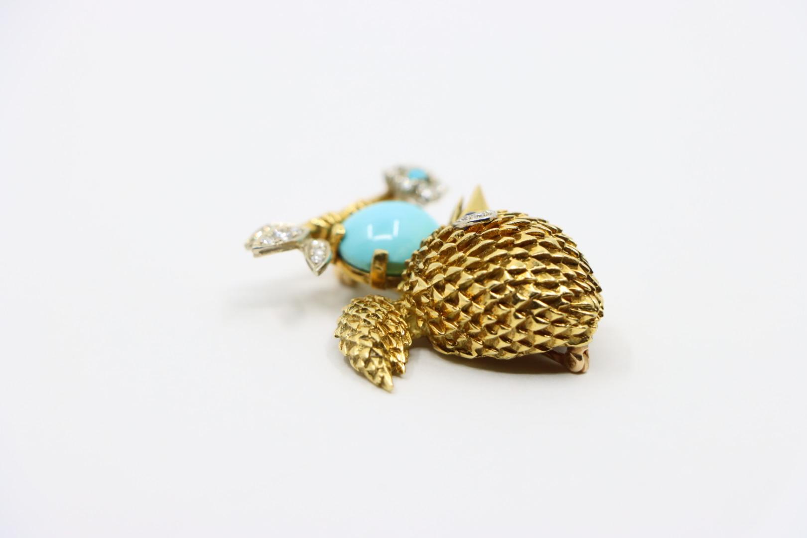 18K Gold Turquoise Diamond Robin Brooch Pin