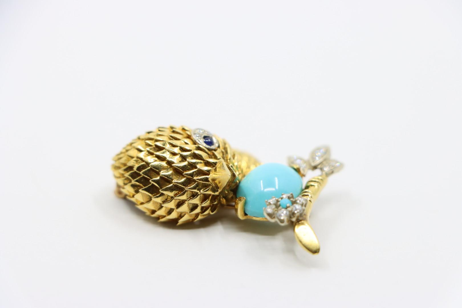 18K Gold Turquoise Diamond Robin Brooch Pin