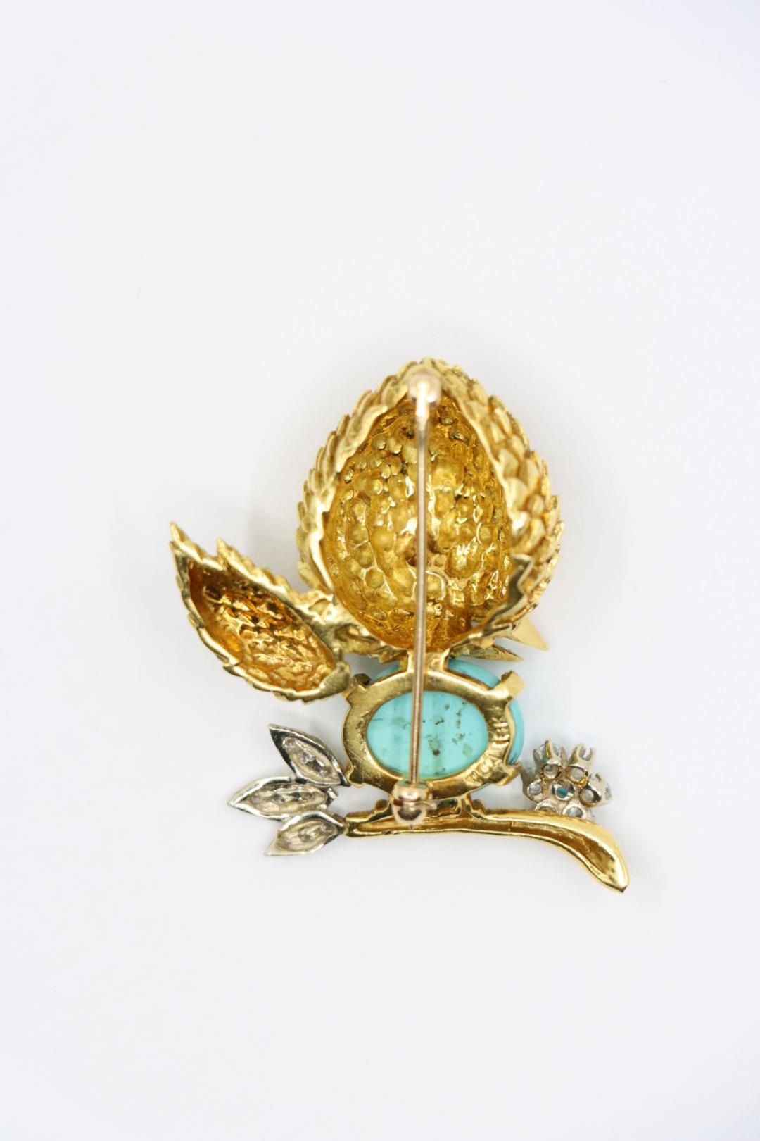 18K Gold Turquoise Diamond Robin Brooch Pin