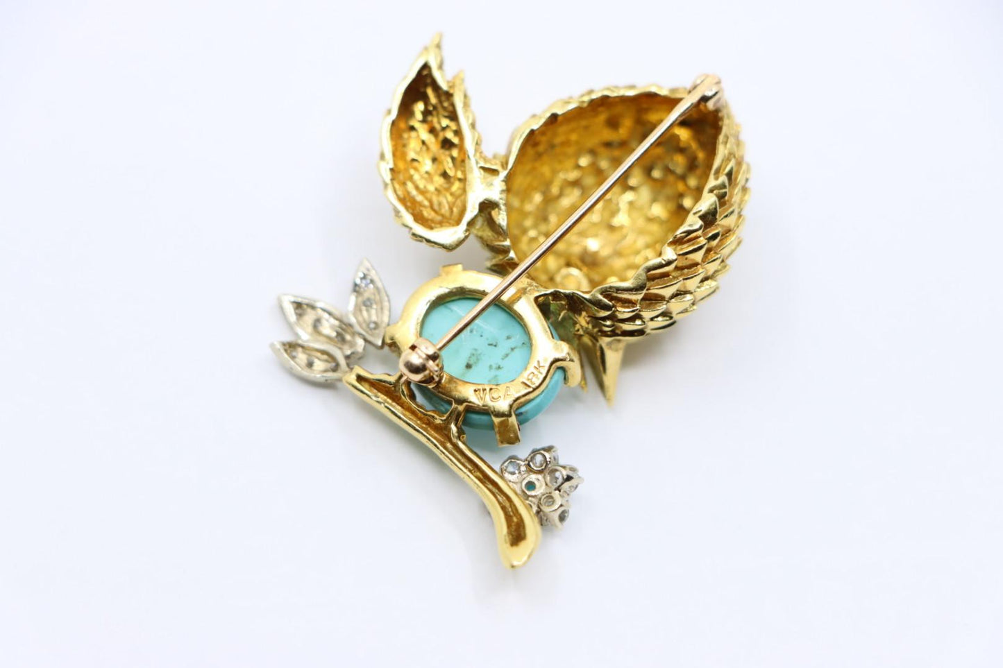 18K Gold Turquoise Diamond Robin Brooch Pin