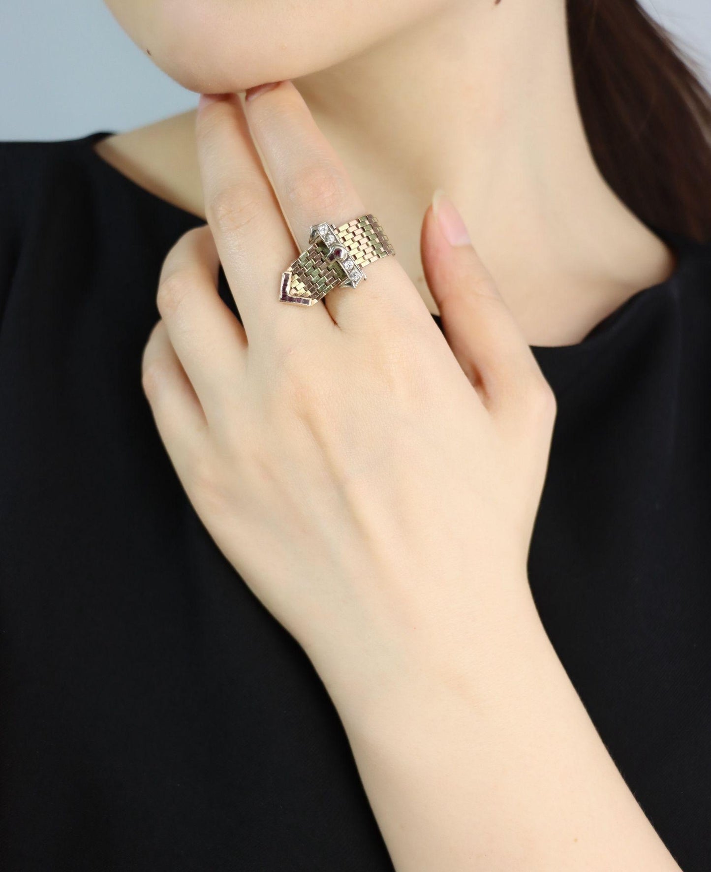 Retro 14K Tri-Tone Gold Diamond Ruby Buckle Ring