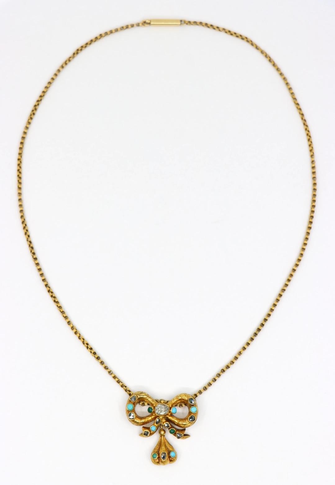 14K Gold Turquoise Diamond Bow Tie Necklace