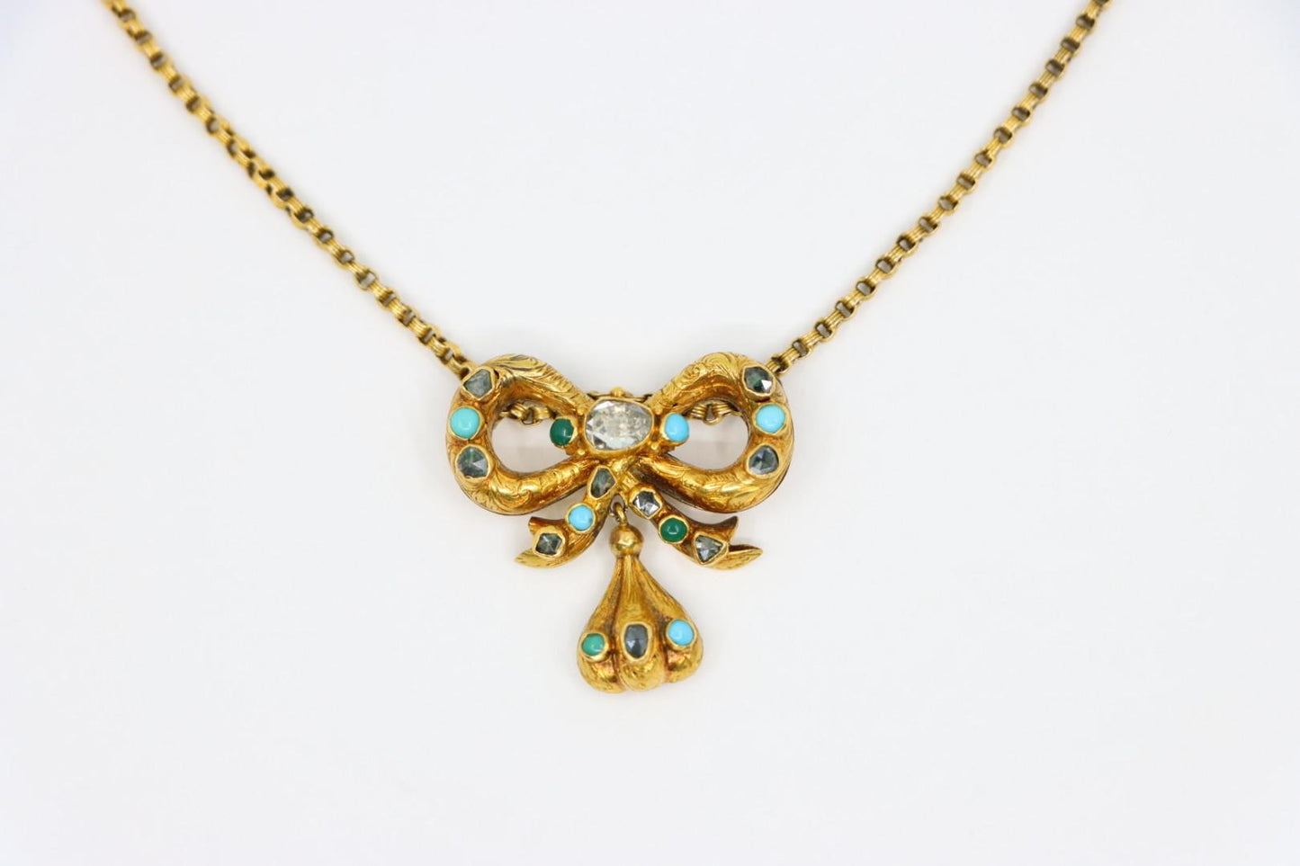 14K Gold Turquoise Diamond Bow Tie Necklace