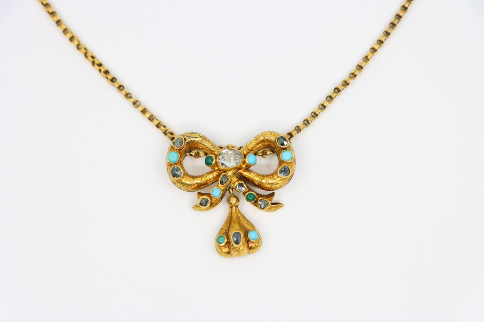 14K Gold Turquoise Diamond Bow Tie Necklace