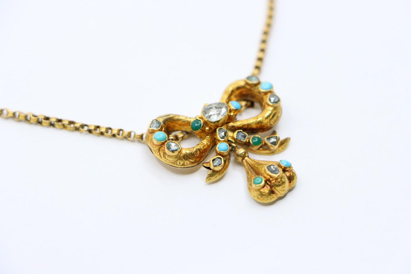 14K Gold Turquoise Diamond Bow Tie Necklace