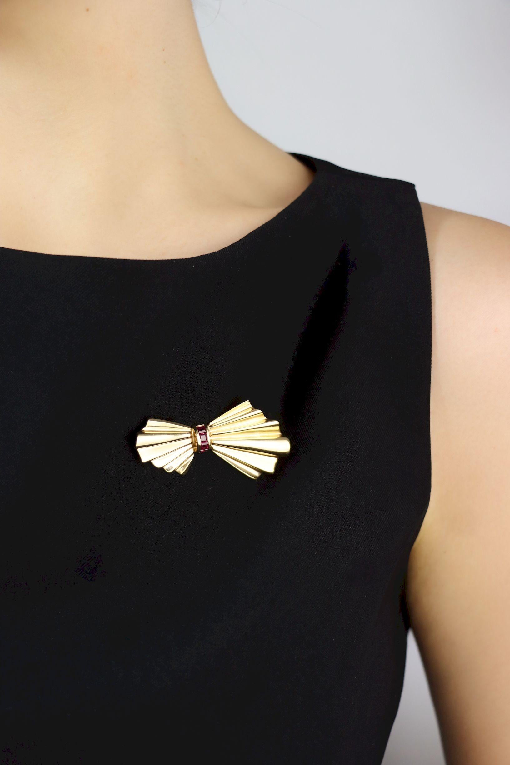 Tiffany & Co. 14K Gold Ruby Bow Clip Earrings & Brooch