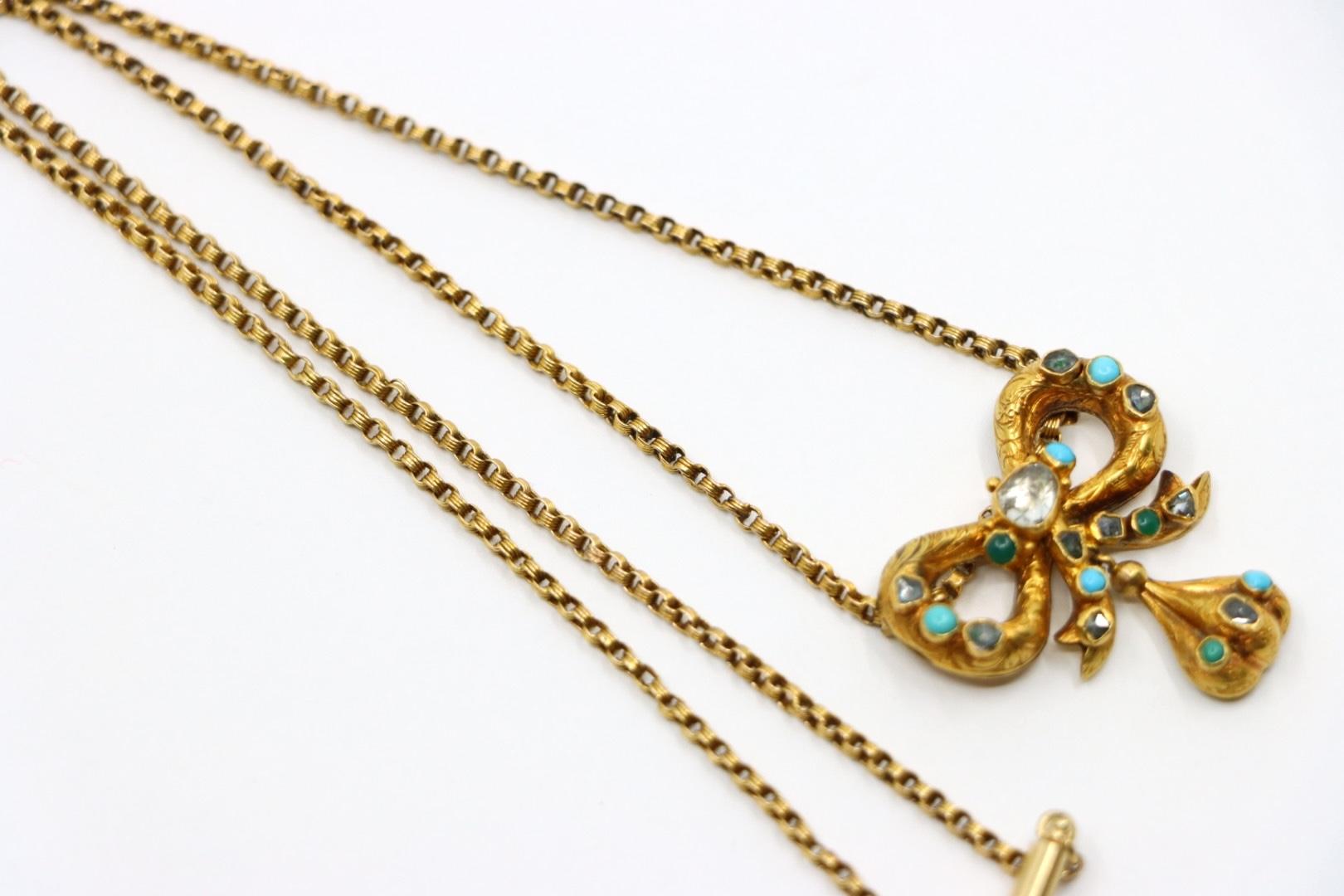 14K Gold Turquoise Diamond Bow Tie Necklace