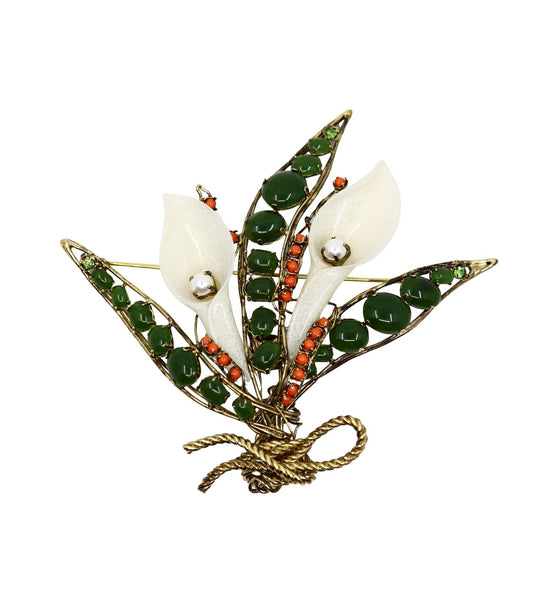 Vintage Gold Tone Jade Mother Of Pearl Lily Brooch