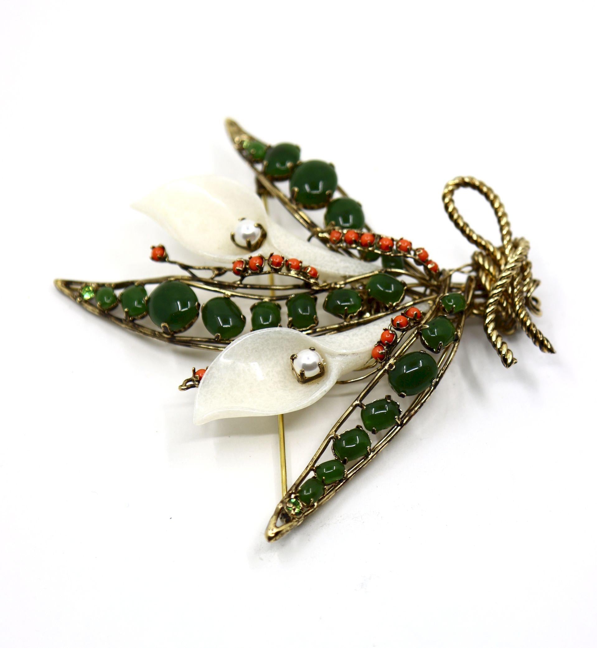 Vintage Gold Tone Jade Mother Of Pearl Lily Brooch