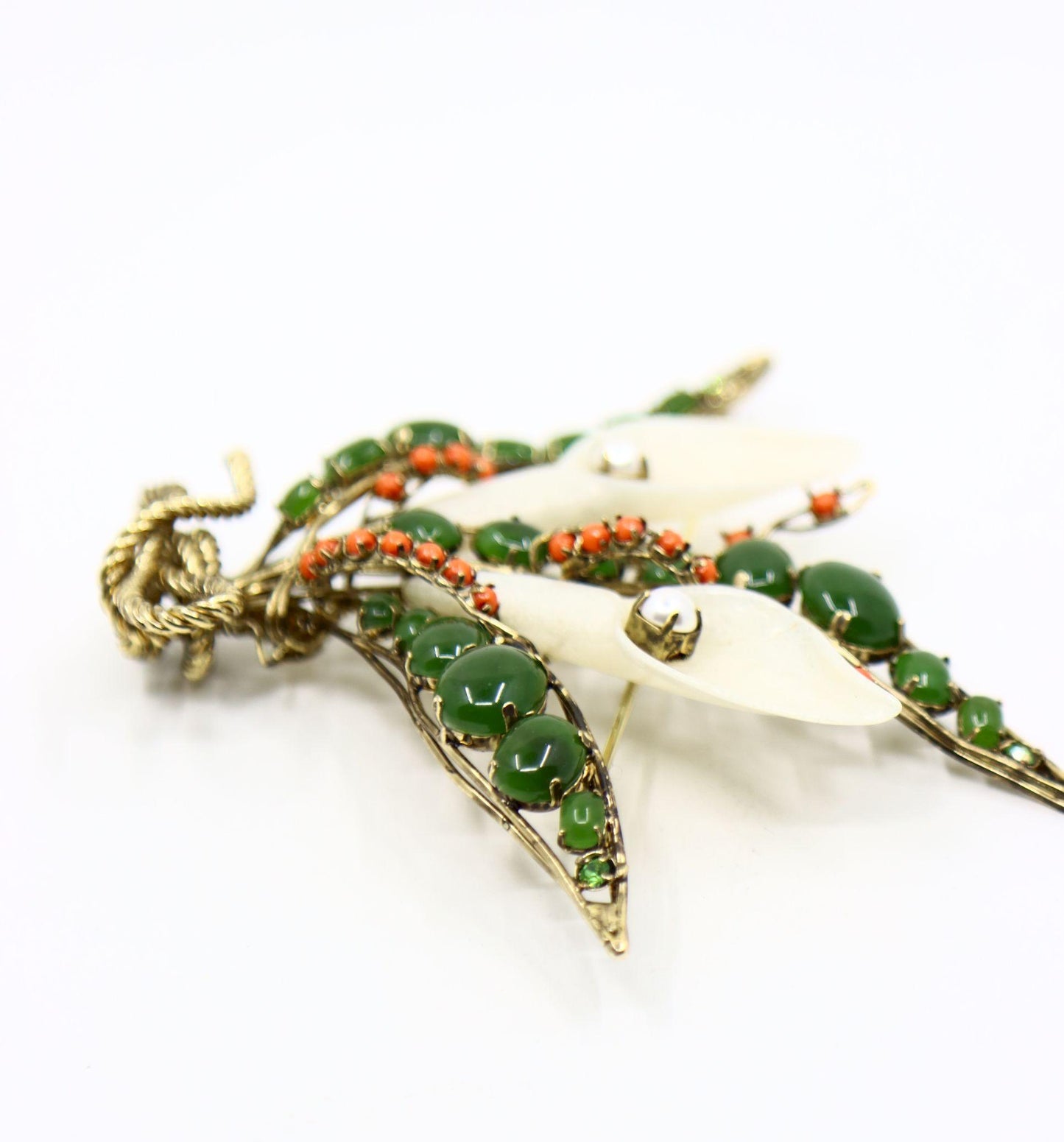 Vintage Gold Tone Jade Mother Of Pearl Lily Brooch