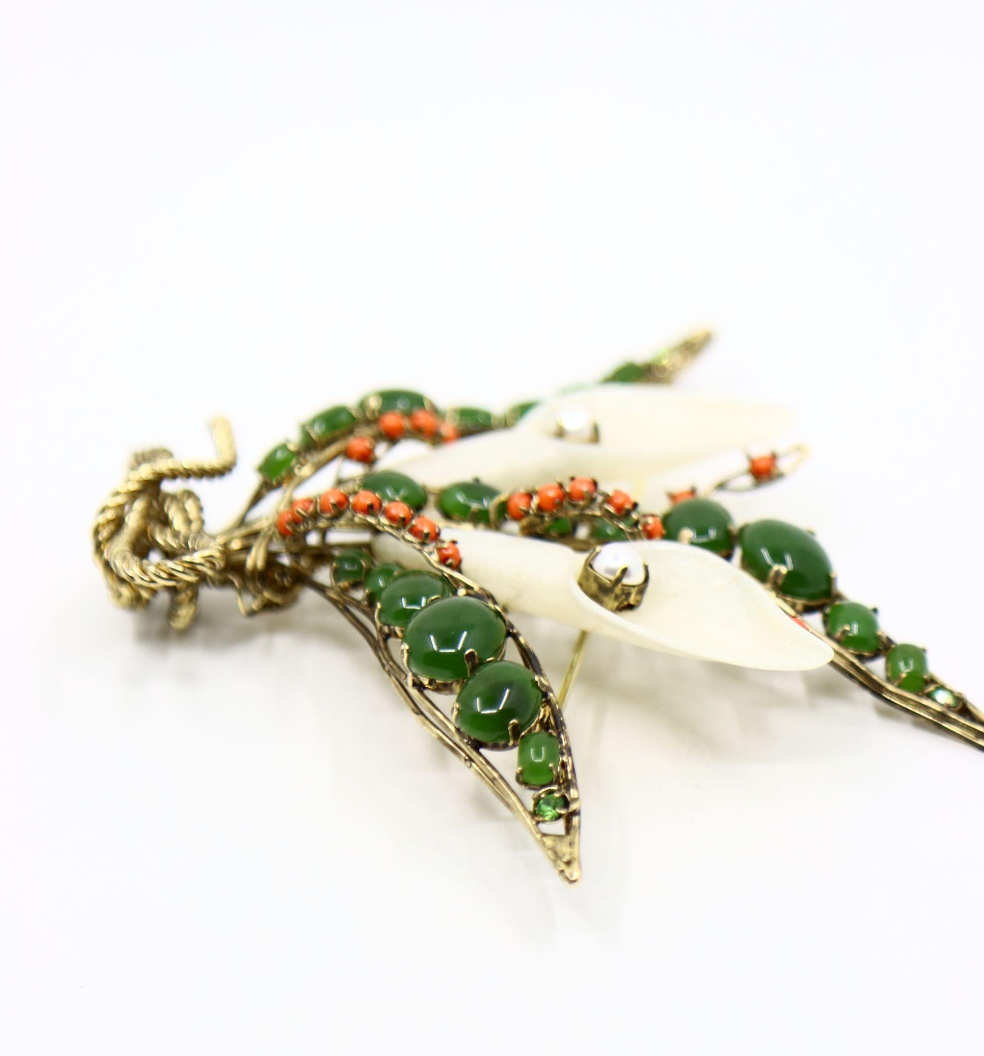 Vintage Gold Tone Jade Mother Of Pearl Lily Brooch