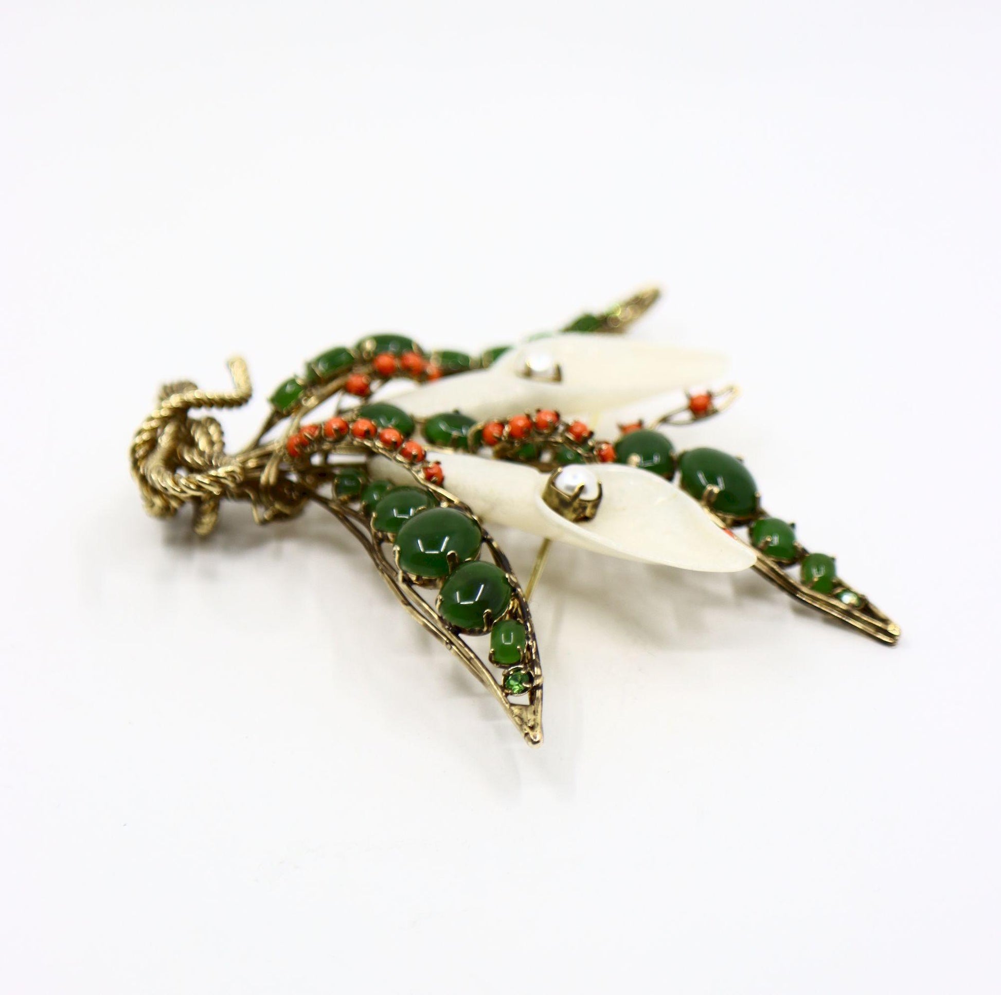 Vintage Gold Tone Jade Mother Of Pearl Lily Brooch