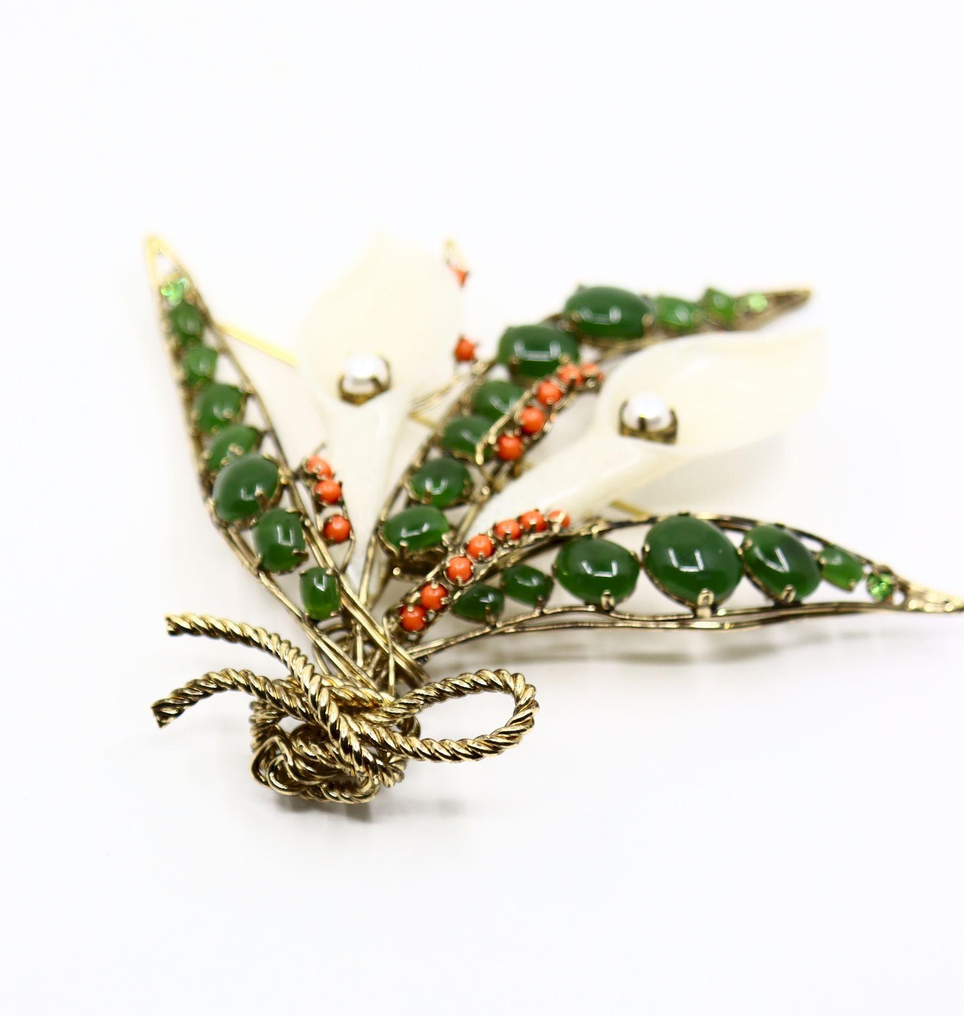 Vintage Gold Tone Jade Mother Of Pearl Lily Brooch