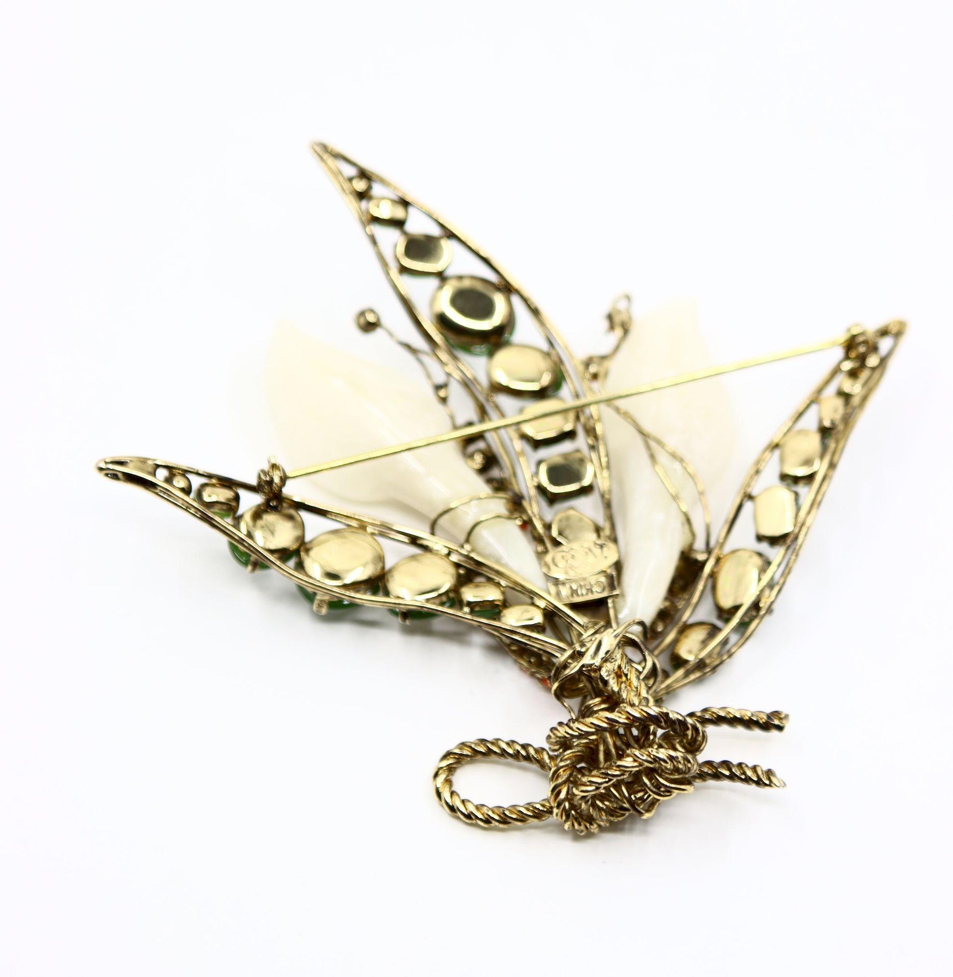 Vintage Gold Tone Jade Mother Of Pearl Lily Brooch