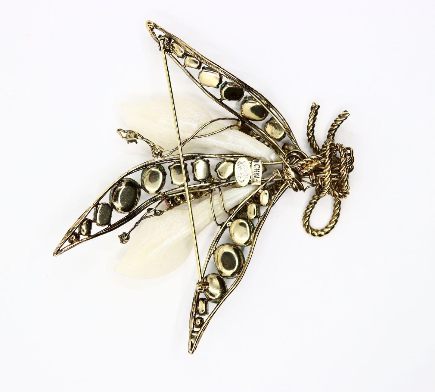 Vintage Gold Tone Jade Mother Of Pearl Lily Brooch