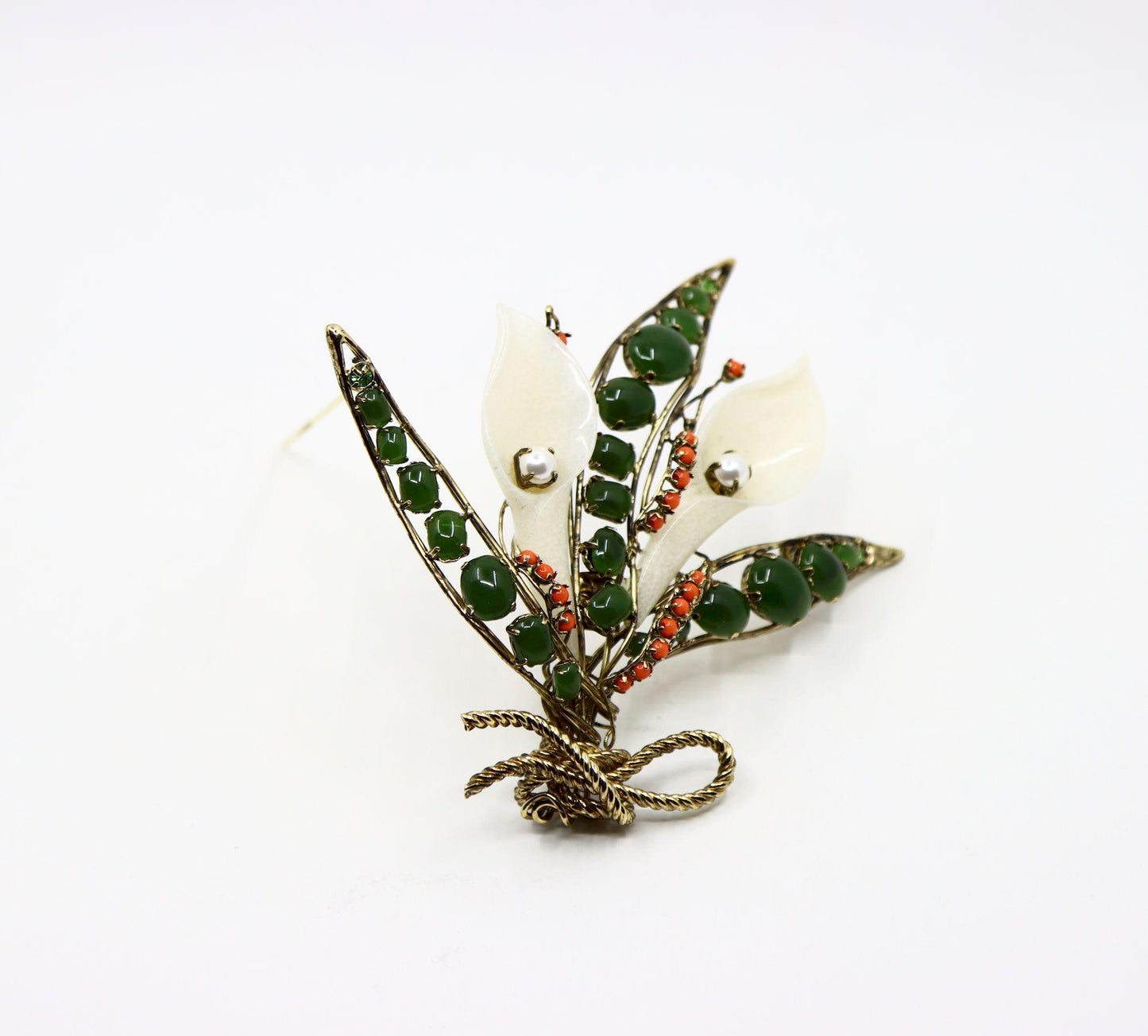 Vintage Gold Tone Jade Mother Of Pearl Lily Brooch